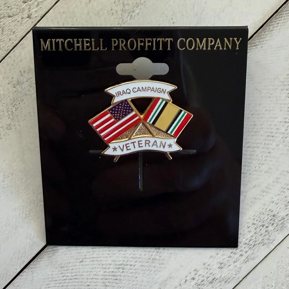 NIP Iraq Campaign Veteran Crossed Flags Lapel Pin 1” Mitchell Proffitt Company
